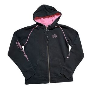 HARLEY DAVIDSON Full Zip Sweatshirt Hoodie Black Pink Size Large